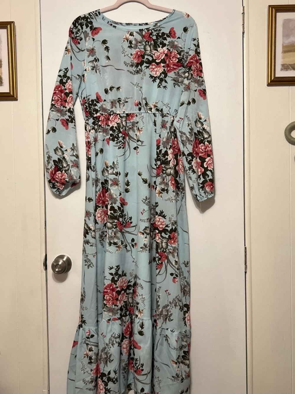 Floral Long Sleeve Maxi Dress in Light Blue